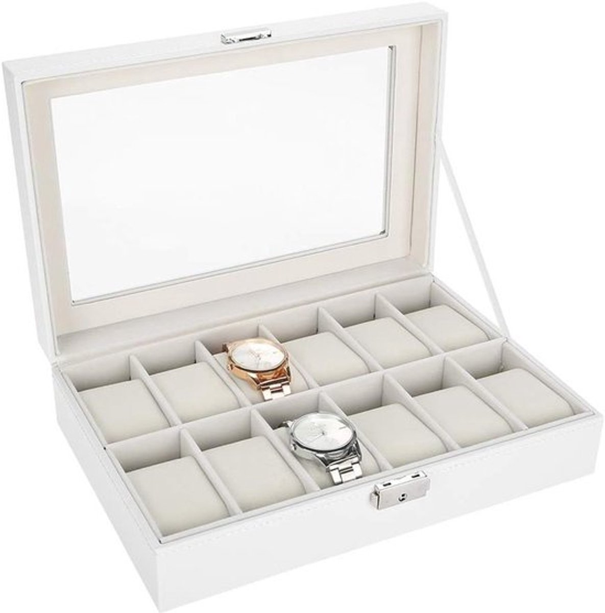 Elegante Horlogebox voor Mannen en Vrouwen met 12 Compartimenten, Glazen Deksel en Metalen Sluiting voor Veilige Opslag van Horloges