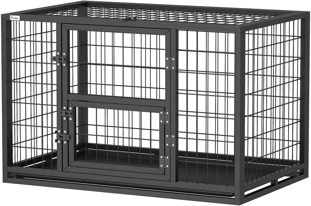 Hondenbench - Bench Hond - Hondenhok - Hondenbox - Staal - Met voerdeur - Met een te openen bovenklep - 90 x 60 x 64 cm - Zwart