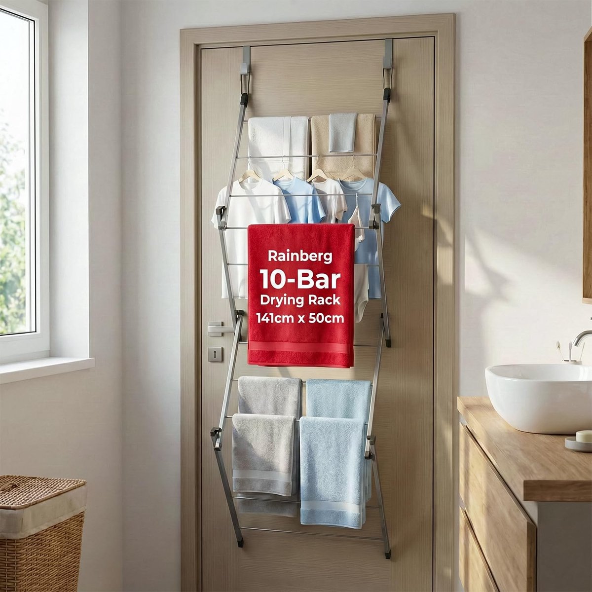 SnelShoppen - Over de deur hangende kledingluchter, opvouwbaar droogrek, 10 bar, gemakkelijk te trekken en openen, droogrek met 4 kg waslijn droogruim
