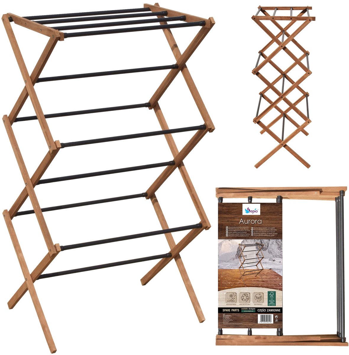 SnelShoppen - SEPIO Droogrek Hout met Zwarte Metalen Staven - FSC-gecertificeerd Essenhout - Verticale Wasdroger voor Binnen en Buiten - Duurzaam, Rui