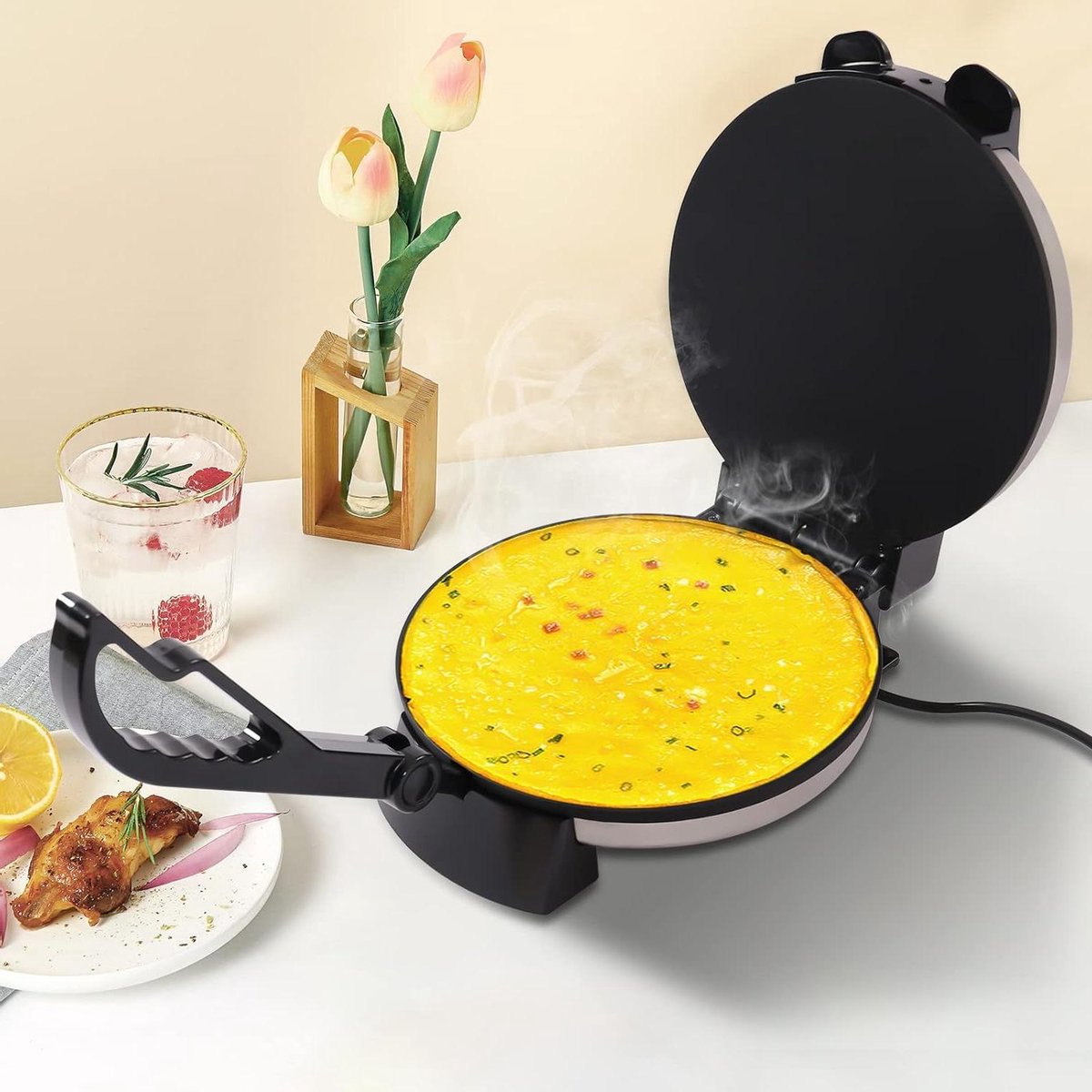 Elektrische Roti Maker - Tortilla Pers - Snelle Maaltijden - Dubbelzijdig Verwarmd - 32 cm Diameter - Zwart Zilver