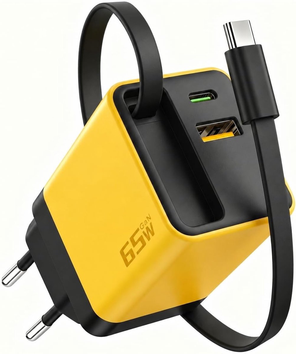 65W USB C Oplader met 3 Poorten, Snellader met Inklapbare 67cm Kabel voor iPhone, MacBook en Tablets, Geel