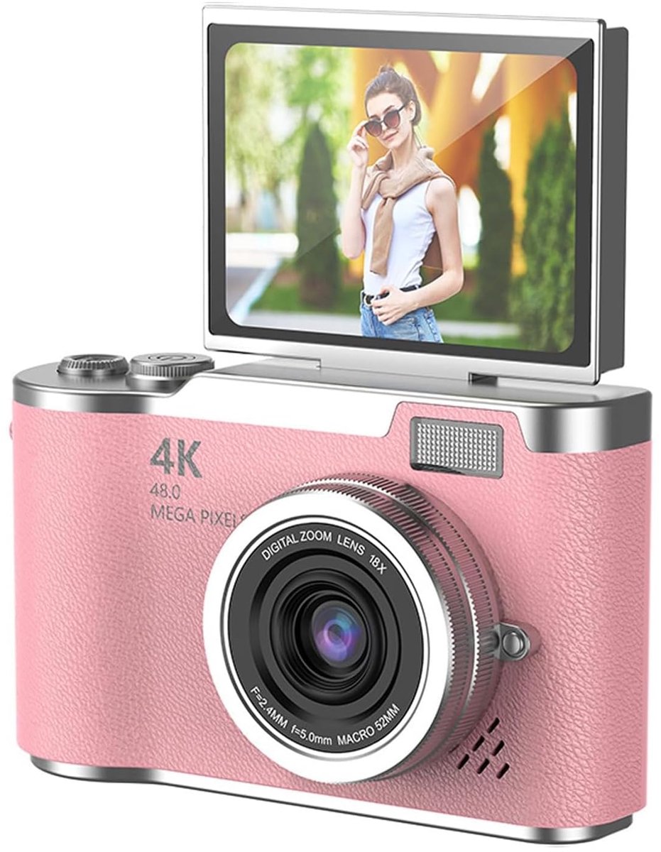 SnelShoppen - 48MP Digitale Camera 1080p met 2.4' Flip-scherm, 18x Zoom en 4 Uur Batterijduur - Vloggingcamera voor Tieners en Beginners in PINK - Ide