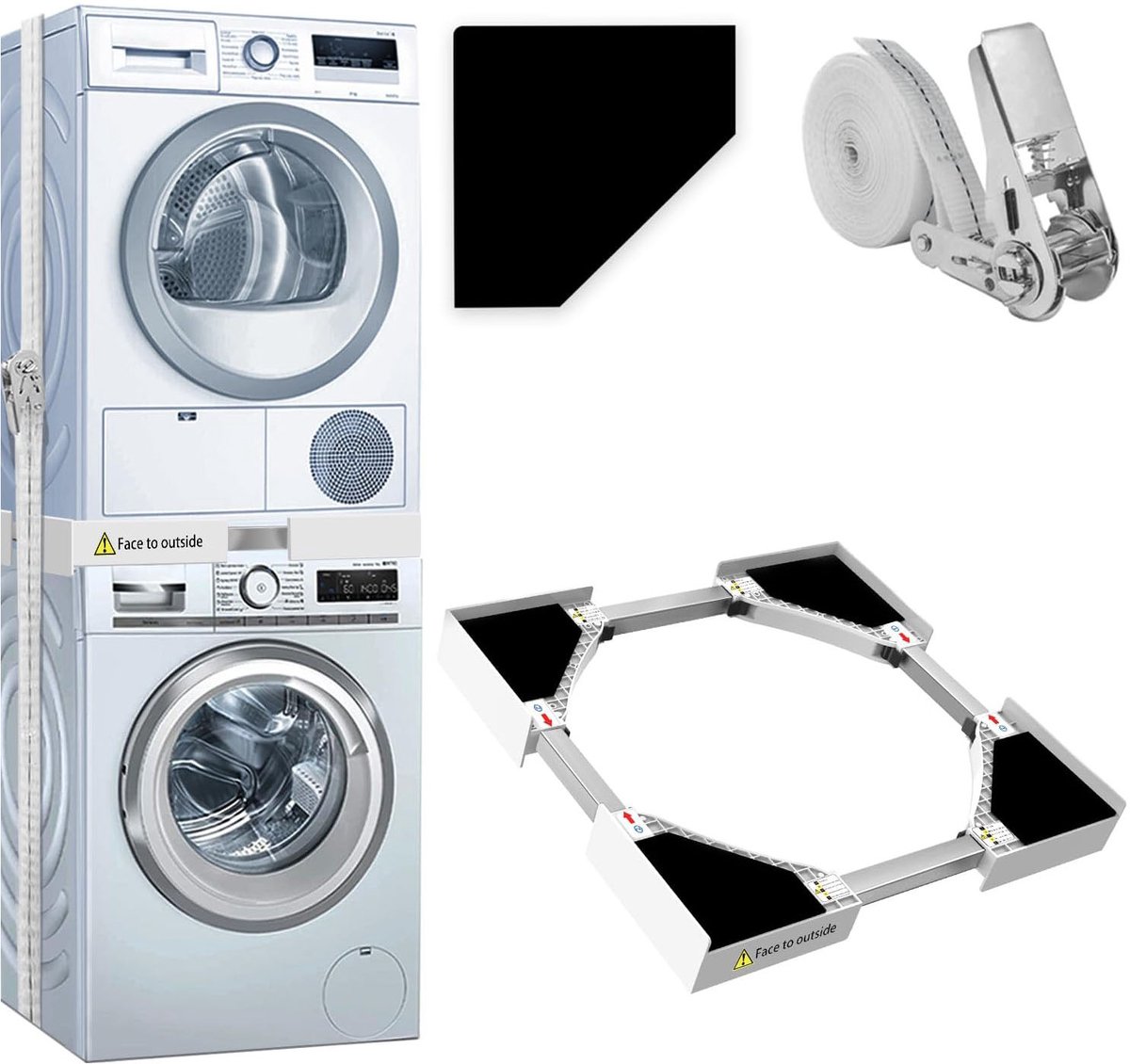 Wasmachine Droger Stapelkit - Wasmachine Verbindingsframe - Stapelrek voor Wasmachine en Droger - Ruimtebesparende Houder - Verstelbare Apparaten Steun - Kunststof Stapelset