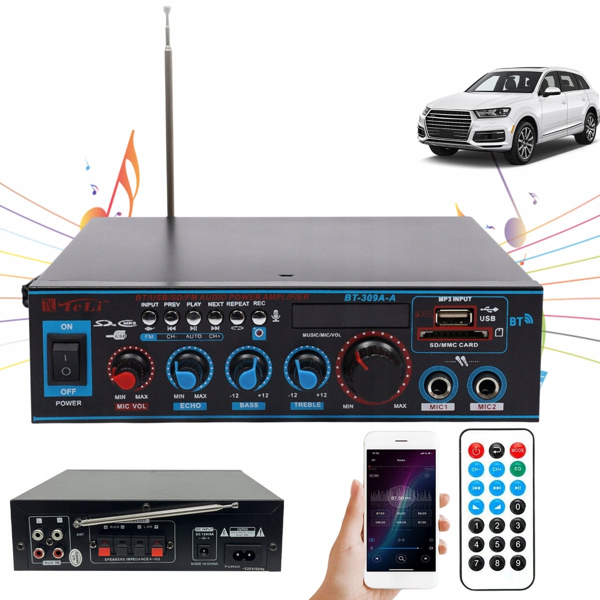 Versterker - Audioversterker - Bluetooth - FM Radio - 100W - Dubbele Microfoons - met Bass- en Treble-regelaar - LCD - Afstandsbediening - Voor Thuis en Auto