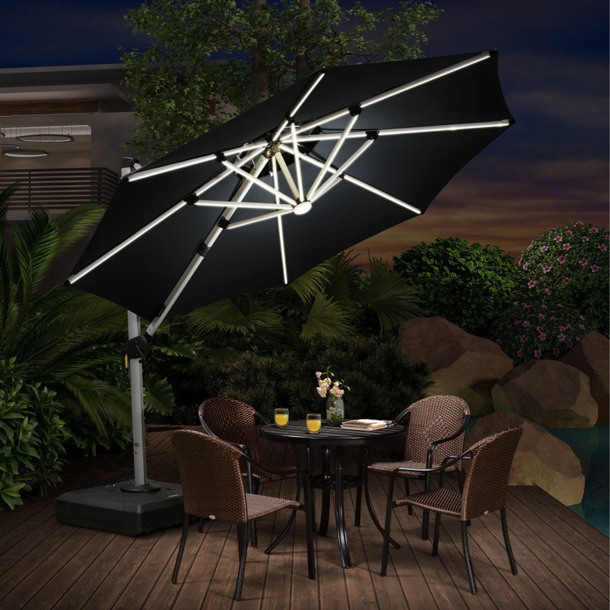PURPLE LEAF Ronde Parasol – 360° Draaibaar - Ingebouwde LED-verlichting – UV50+ - Windbestendig - Stijlvolle Zweefparasol