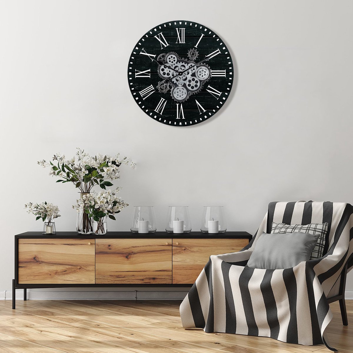 Grote Industriële Zwarte Wandklok - met Draaiende Tandwielen - 57 cm - Hout — cadeau in Wonen & Interieur - foto 4