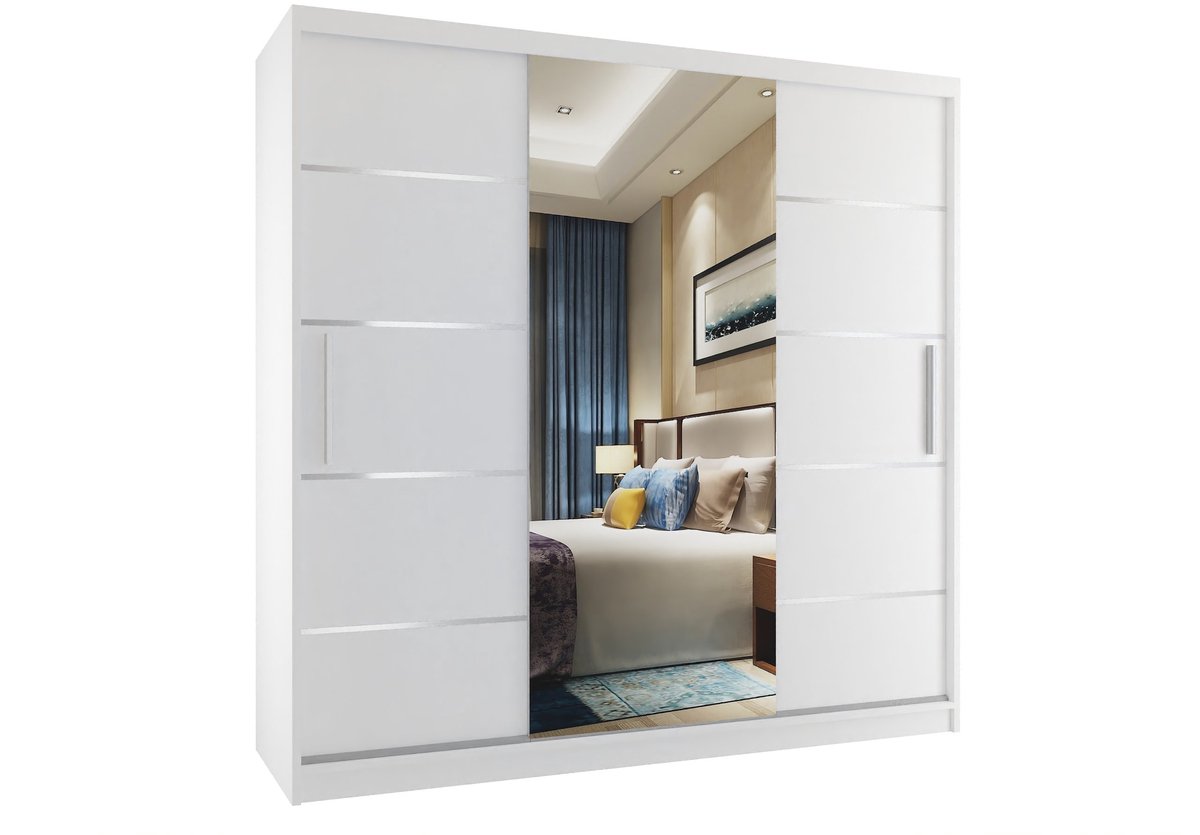 BELINI Verona MT Schuifdeurkast 200 cm Wit Mat - Kledingkast met Spiegel & Lades - Comfort Line Driedeurkast