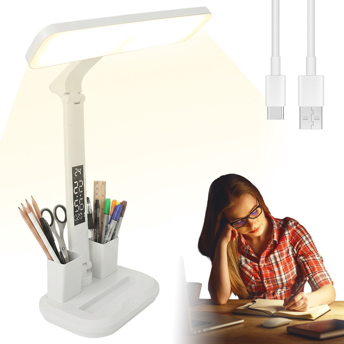 Bureaulamp Multifunctioneel - Leeslamp - Opvouwbaar - Dimbaar - 3200mAh - USB - LCD - Klok - Temperatuur - Nachtlampje - Tafellamp - Voor Thuis en Kantoor - Wit
