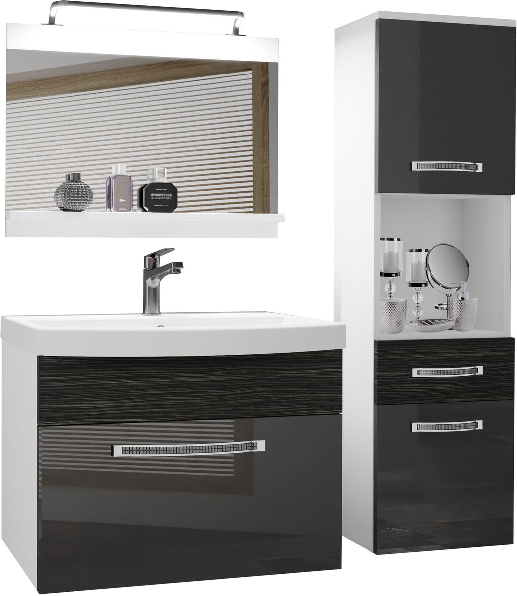 BELINI Badkamermeubel Set GLA PM 3 - Badmeubelset 100 cm Zilver Ebbenhout Hoogglans Mat met Wastafel, Spiegel en LED Lamp - Wandmontage