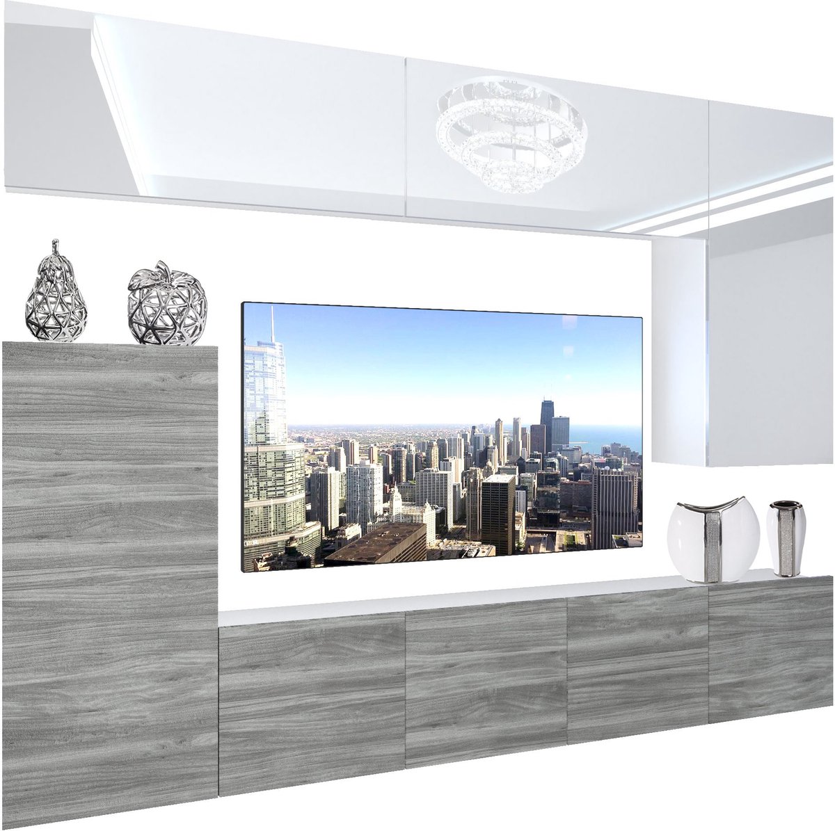 BELINI Wandmeubel NEX 8 - TV-Wandkast Set met LED-Verlichting Wit / Glamour Hout - Hoogglans Fronten