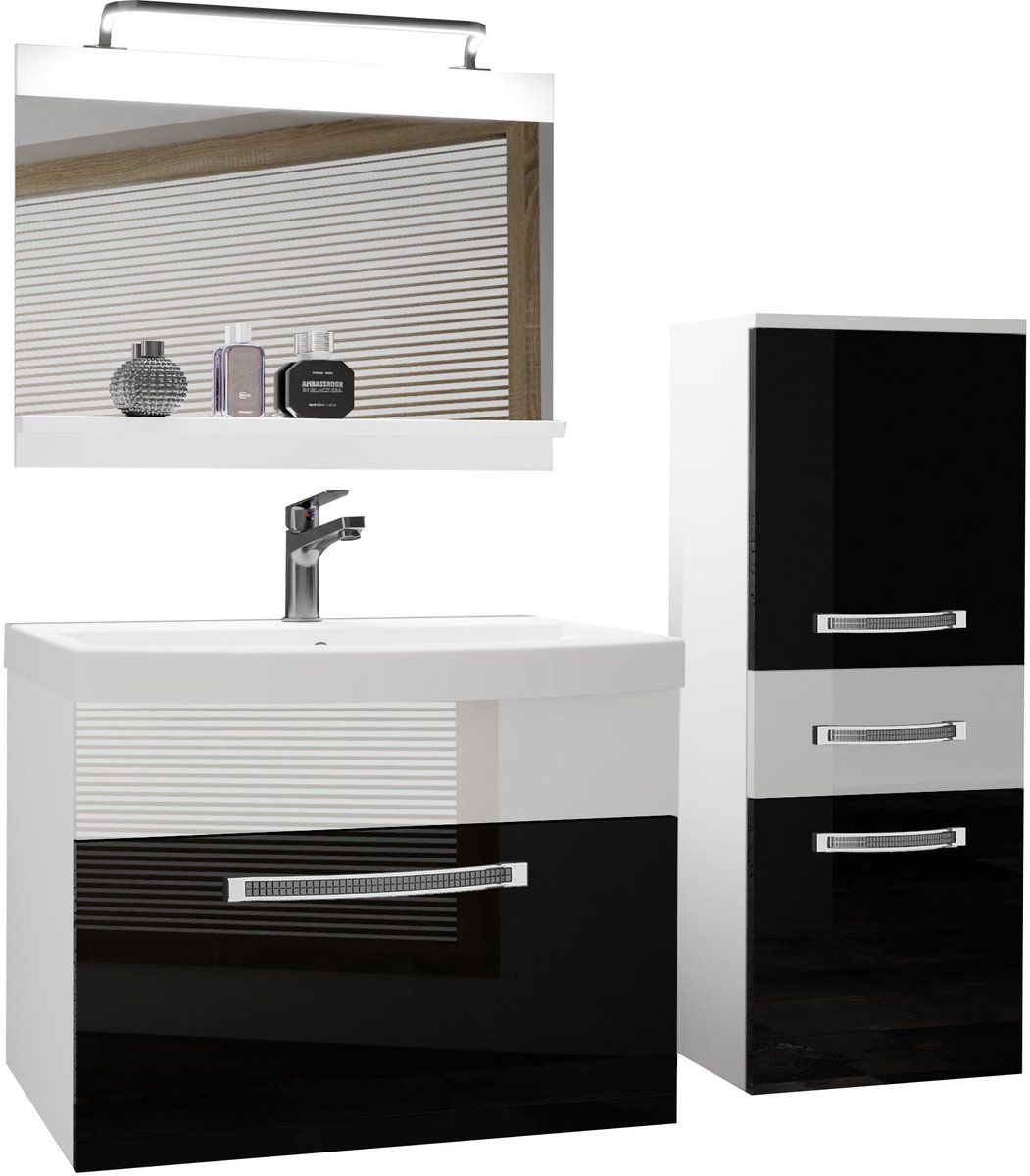 BELINI Badkamermeubel Set GLA P 2 - Badmeubelset 100 cm Zwart/Wit Hoogglans met Wastafel, Spiegel en LED Lamp - Wandmontage