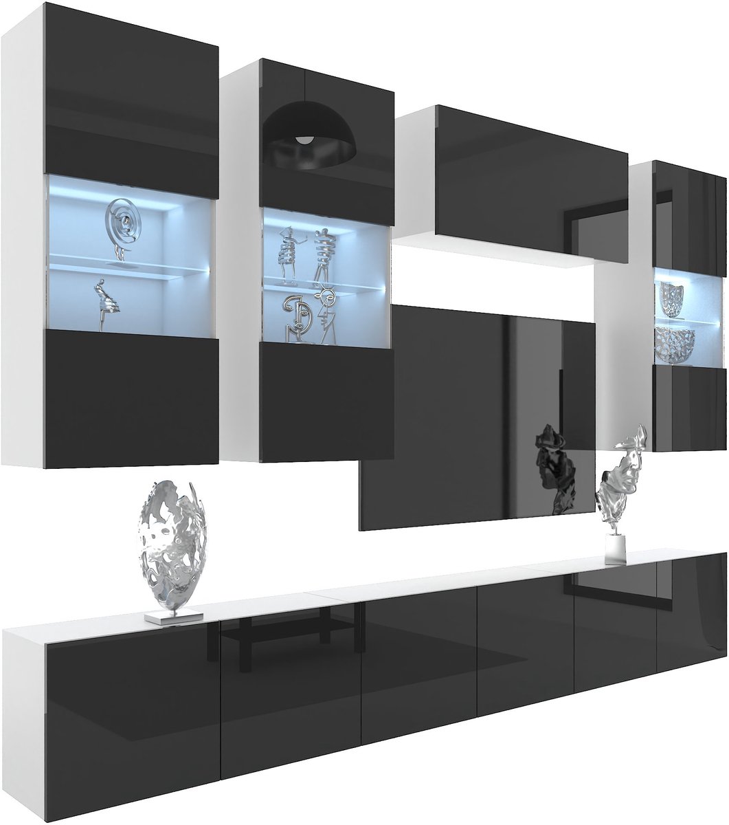 BELINI Wandmeubel Milano 5 300 cm Zwart Hoogglans - TV-Wand Greeploos - Moderne Woonwand met Gasliftsysteem - Modulair TV-Meubel