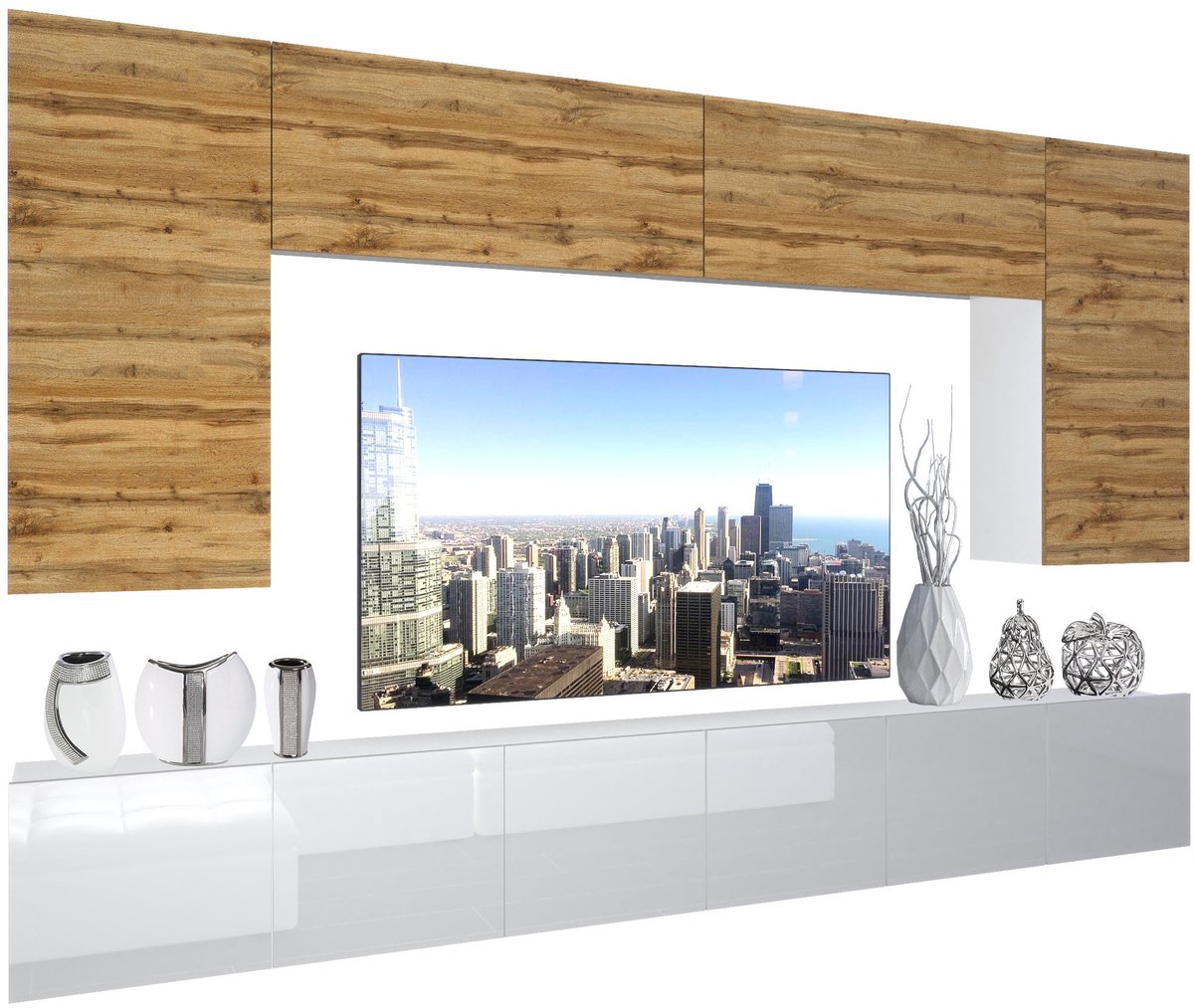 BELINI Wandmeubel NEX 2 - TV-Wandkast Set met LED-Verlichting Wotan Eiken / Wit - Hoogglans Fronten