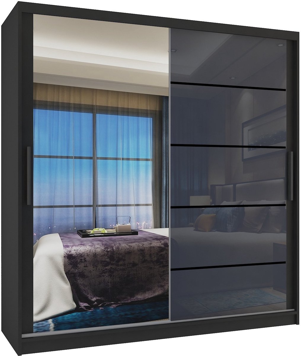 BELINI Verona MGB Schuifdeurkast 158 cm Zwart/Grijs Hoogglans - Kledingkast met Spiegel - Comfort Line Hoogglans