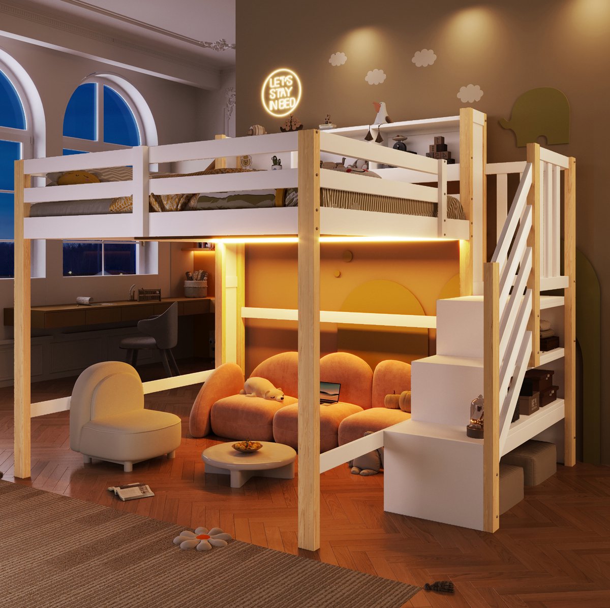 DESMIU Hoogslaper 140x200 cm – Met LED-Verlichting En Opbergladder – Ruimte Onder Het Bed – Voor Kinderen – Wit Naturel – Zonder Matras