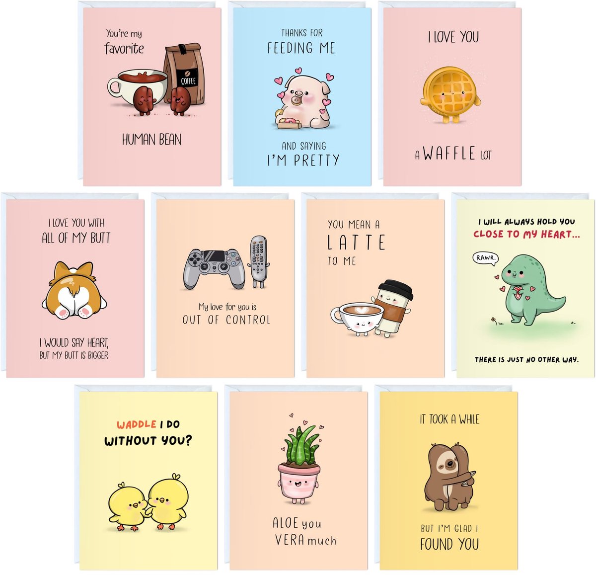 SnelShoppen - Set van 10 Grappige Notitiekaarten in Doos - Leuke Wenskaarten voor Verjaardag, Vriendschap, Kawaii Stijl, Diverse Gelegenheden voor Hem