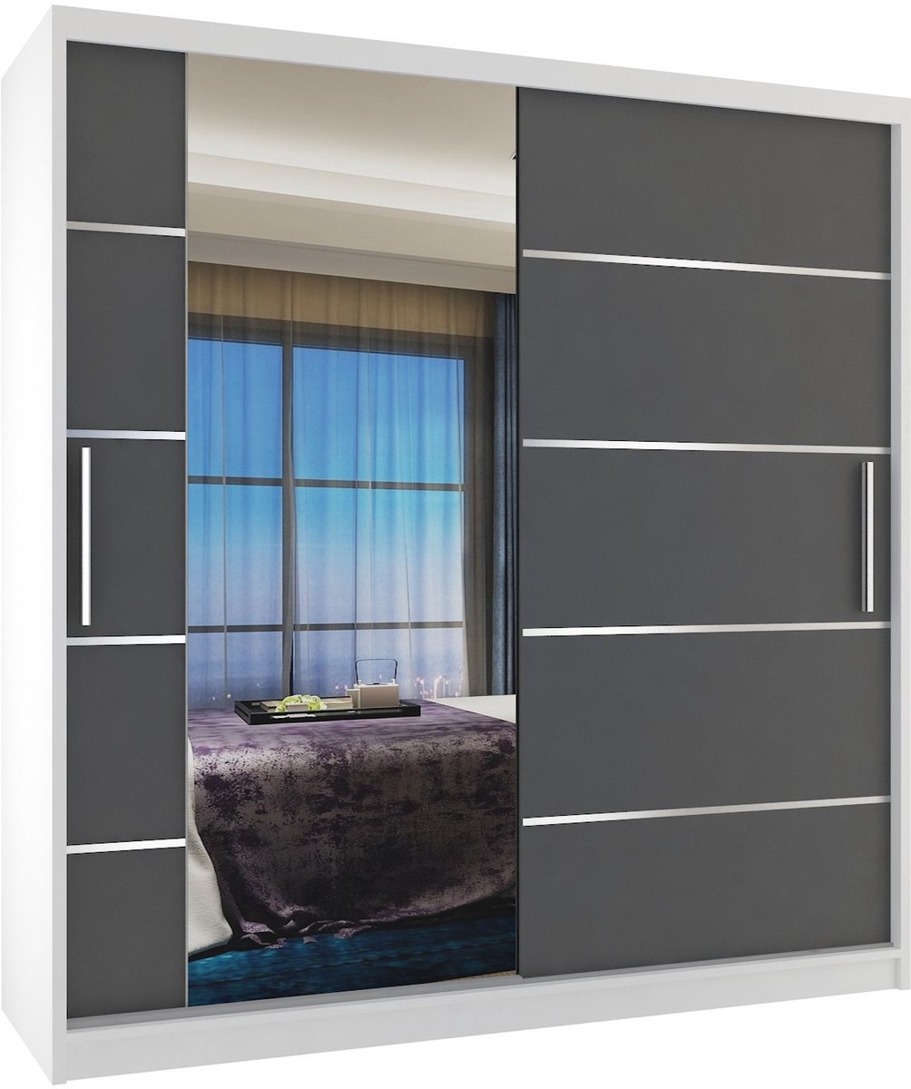 BELINI Verona MBP Schuifdeurkast 158 cm Wit/Grijs Mat - Kledingkast met Spiegel - Comfort Line Slaapkamerkast