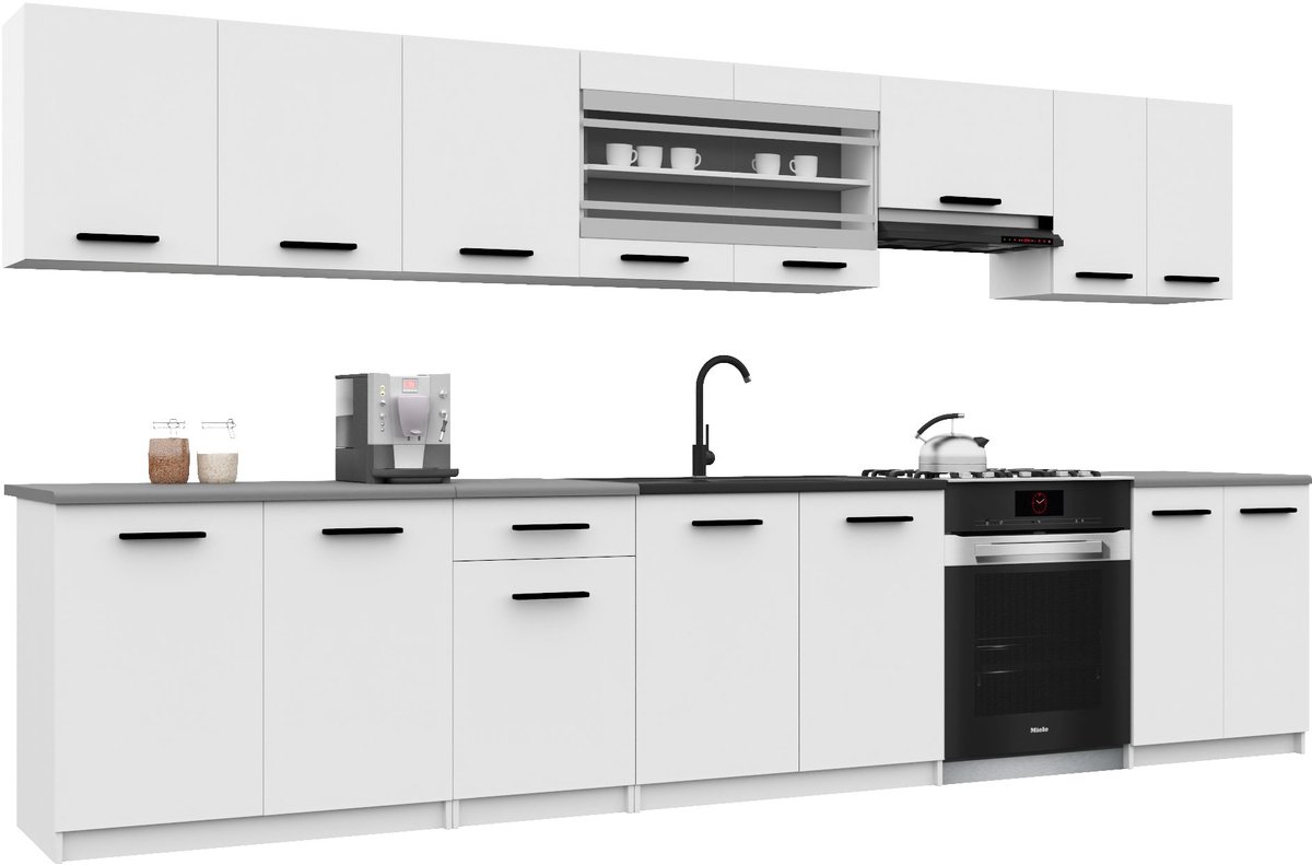BELINI Keukenblok ITALIA 3 - Keukenmeubel Set 320 cm Wit Mat met Werkbladen - Boven- en Onderkasten