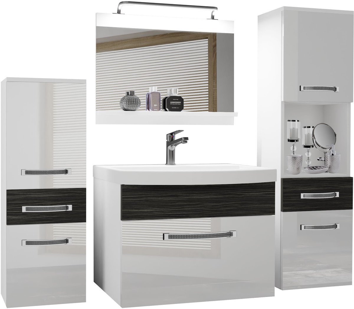 BELINI Badkamermeubel Set GLA PM 5 - Badmeubelset 140 cm Wit Koninklijk Ebbenhout Hoogglans Mat met Wastafel, Spiegel en LED Lamp - Wandmontage