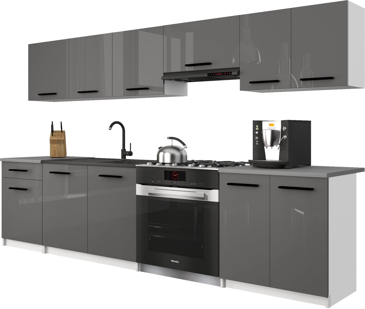 BELINI Keukenblok ITALIA 2 - Keukenmeubel Set 240 cm Grijs Hoogglans met Werkbladen - Boven- en Onderkasten