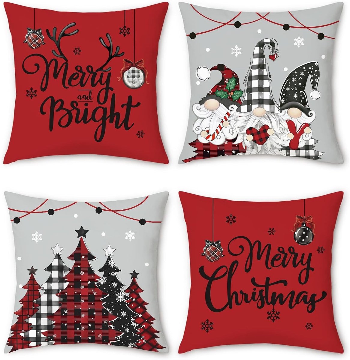 Decoratieve Kussenslopen voor de Winter met Rode Kerstbomen en Gnooms, Set van 4, 46 x 45 cm, Perfect voor Sofa en Bed