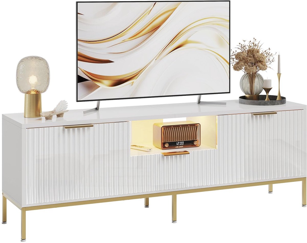 SnelShoppen - Modern Tv-kast voor 55/60 inch Televisie, Wit Entertainmentcentrum met Opbergruimte en Golfpatroon voor Woon- en Slaapkamer