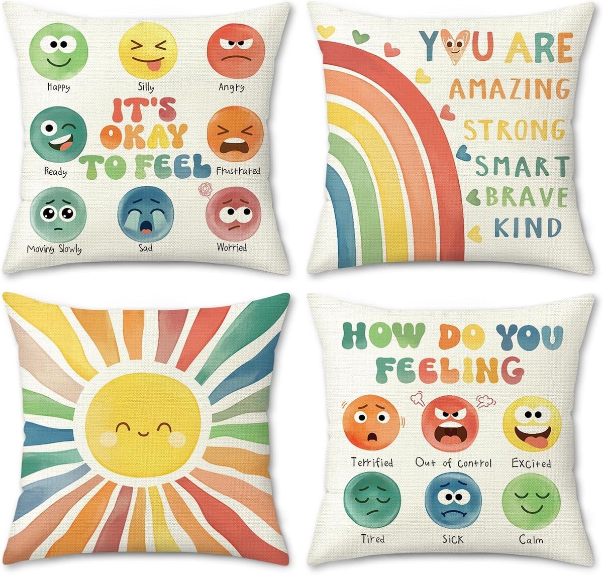 Kalmerende hoekkussenhoezen voor kinderen met regenboog en zon, decoratieve kussenslopen voor kinderkamer, leeshoek en klaslokaal, set van 4, 45 x 45 cm, polyester, vrolijke emoties