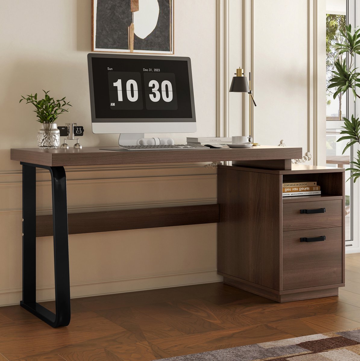 MODENUIT Bureau - Lade En Open Opbergruimte - Voor Kantoor Of Werkkamer - MDF Metaal - Bruin - 135x54 cm
