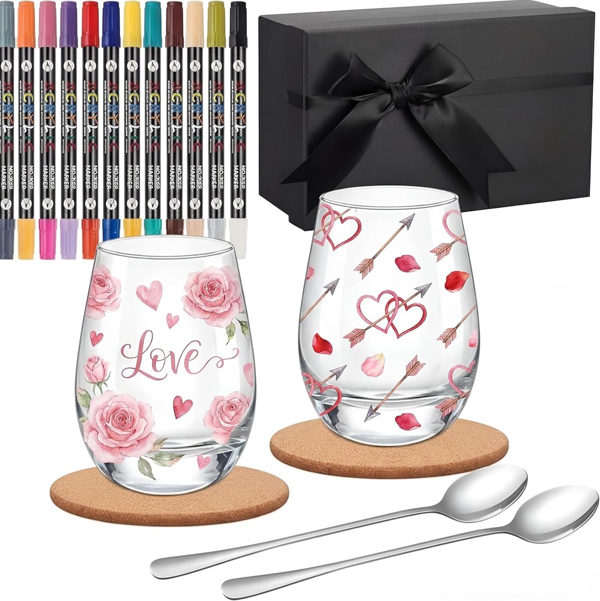 Set voor het Schilderen van Glazen Mokken - DIY Kit voor Volwassenen met 2 Wijnglazen, 12 Stiften en Coasters - Perfect als Afstudeercadeau of voor Docenten