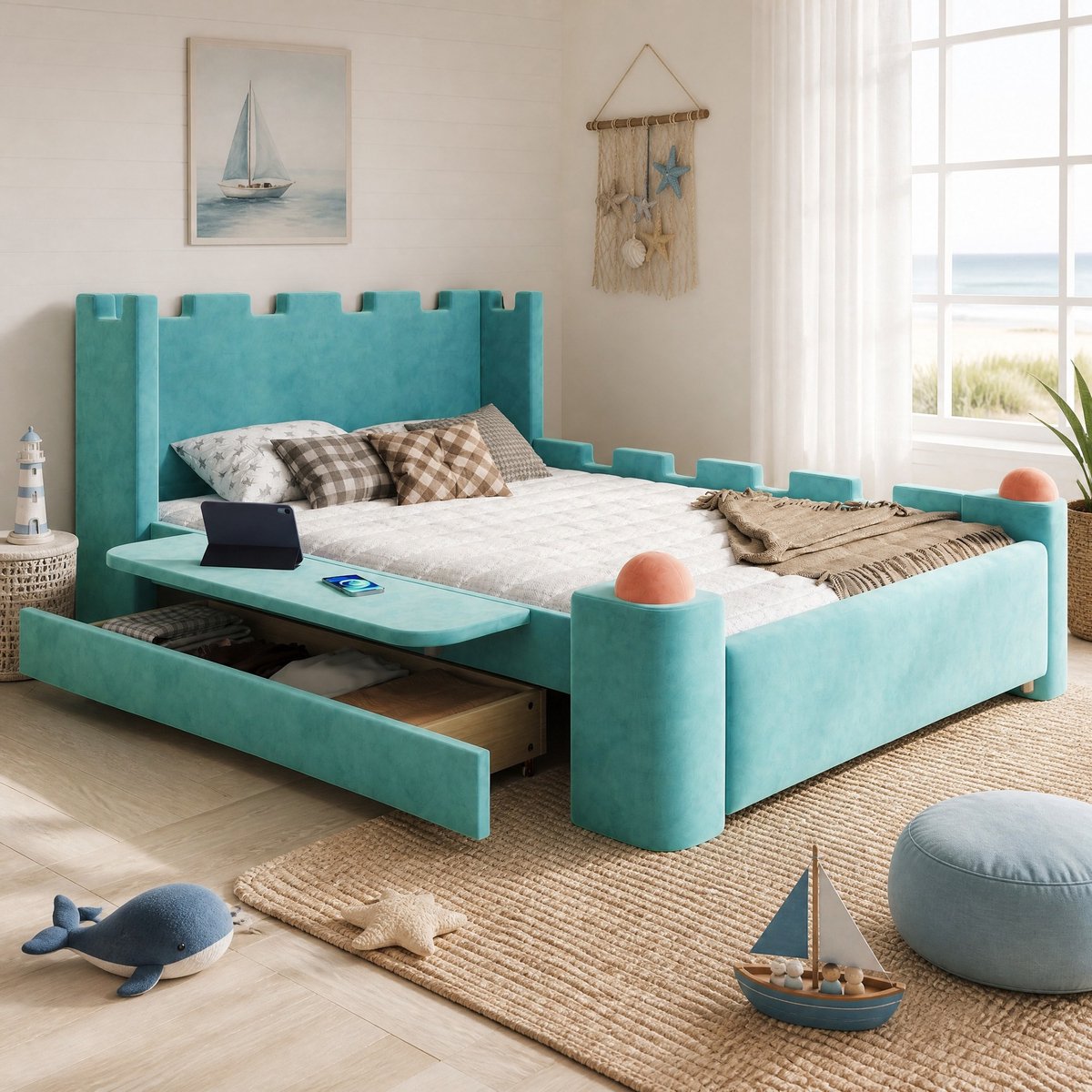 Kinderbed 140x200 cm – Kasteelontwerp Met Opklapbaar Zijschap – Met Opberglade – Voor Kinderkamer – Hout En Stof – Blauwgroen – Zonder Matras