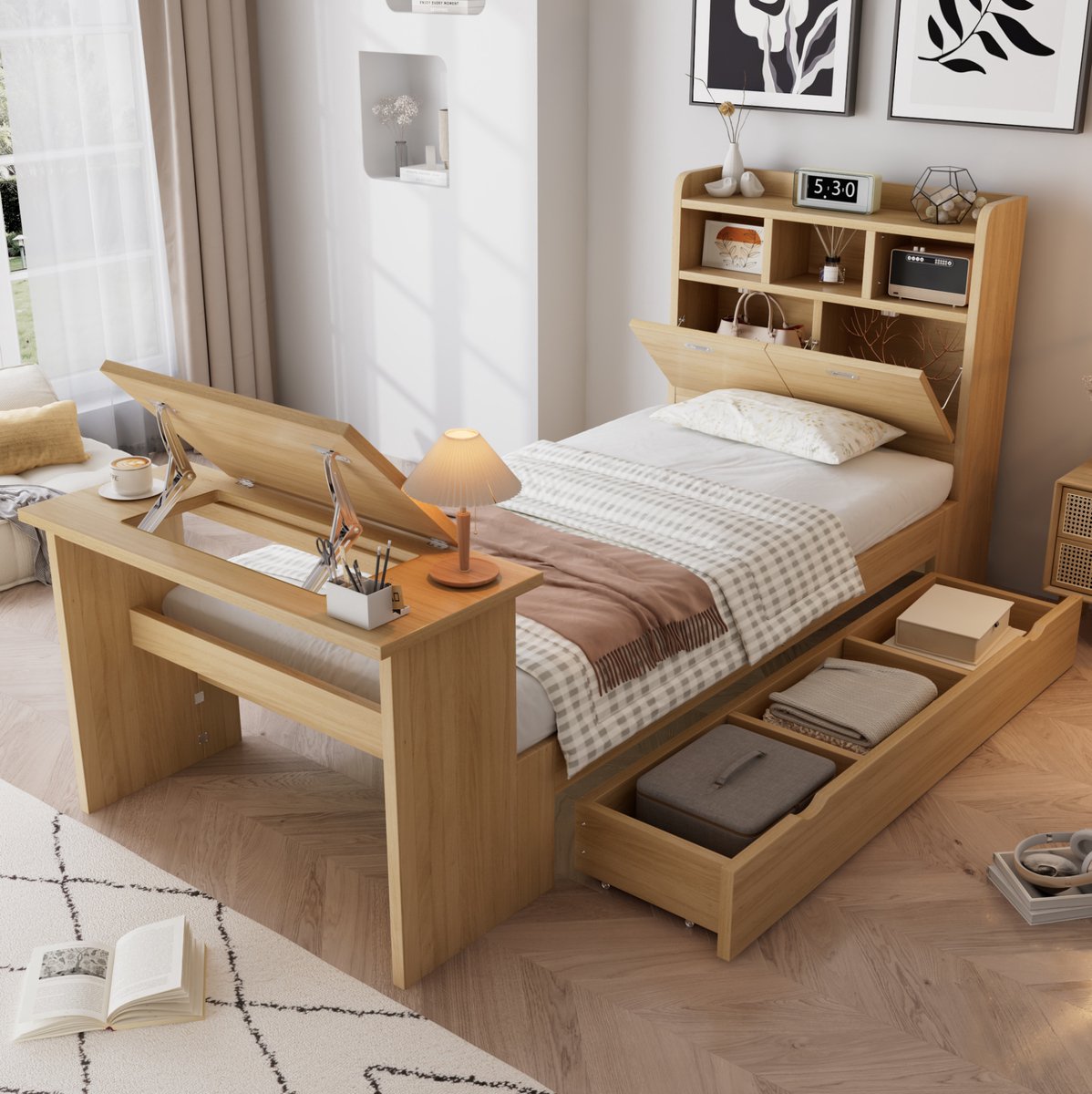 DESMIU Eenpersoonsbed 90x200 cm – Hoofdbord Met Opbergrek En Klaptafel – Met Bedlade – Voor Kinderkamer – Hout – Naturel – Zonder Matras
