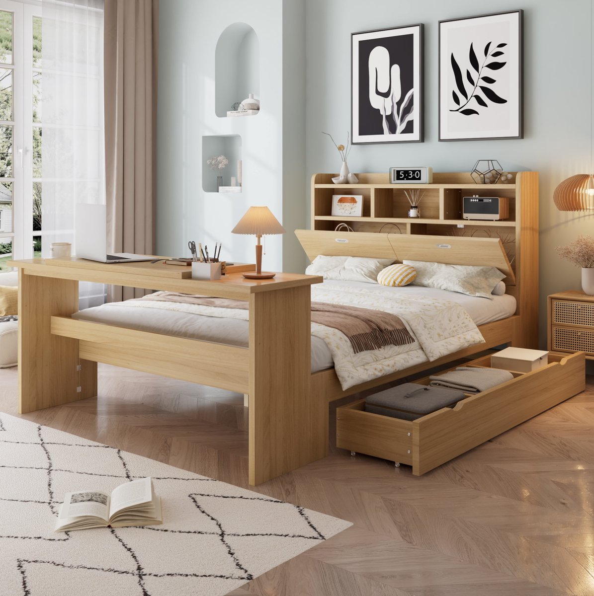 DESMIU Bed 140x200 cm – Hoofdbord met Opbergrek – Uitklapbare Tafel met 12 Standen – Lade Links/Rechts – Tienerkamer – Hout – Naturel – Zonder Matras
