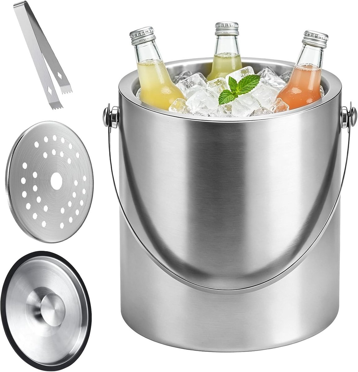 IJsblokjeshouder met deksel en zeef, roestvrijstalen ijsemmer voor het koelen van drankjes, ideaal voor bier, champagne en wijn (2 l)