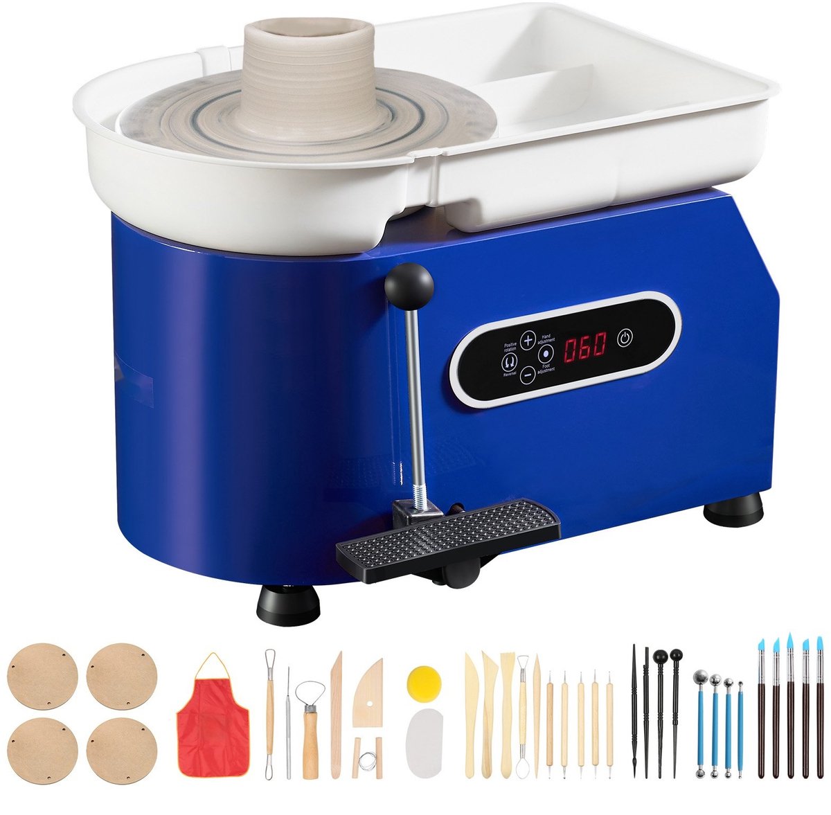 Pottenbakkerswiel - Elektrische kleimachine - 450 W motor - 28 cm draaiplateau - 60-300 tpm snelheidsregeling - Hand- en voetbediening - Verwijderbare ABS-kom - Blauw