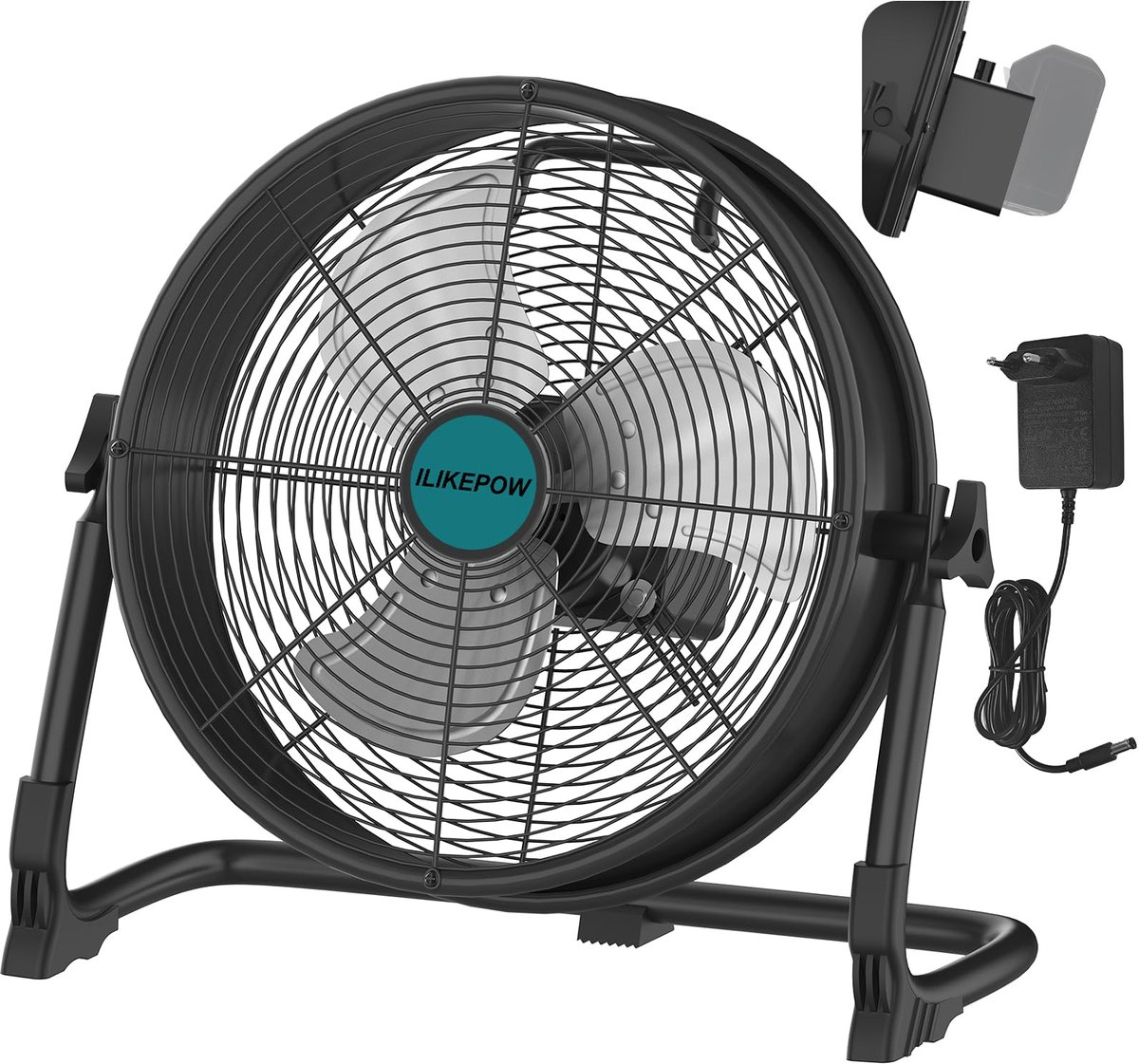 SnelShoppen - ILIKEPOW Vloerventilator 30 cm, Compatibel met Makita 18V Accu, Traploze Snelheidsregeling, USB-C Adapter, Krachtige Circulatie, 360° Dr