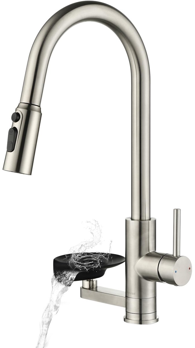 SnelShoppen - Keukenkraan Mynaiad met glansspoeler, uittrekbare dubbele uitloop, 360° draaibaar, keukenarmatuur van 304 roestvrij staal, geborsteld vo