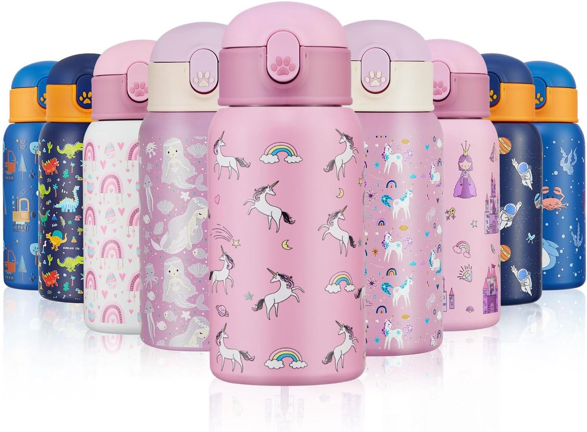 SnelShoppen - Kids Water Bottles met Rietje 500ml Geïsoleerde Roestvrijstalen Dino Waterfles BPA-vrij Herbruikbare Metalen Drinkfles met Beschermhoes