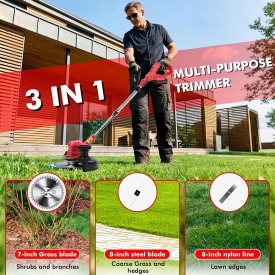 Accu Grastrimmer - Tuinmaaier Bosmaaier - Gazon Onderhoud - 3-in-1 Functionaliteit - 20 cm Maaibreedte - Rood — afbeelding 3