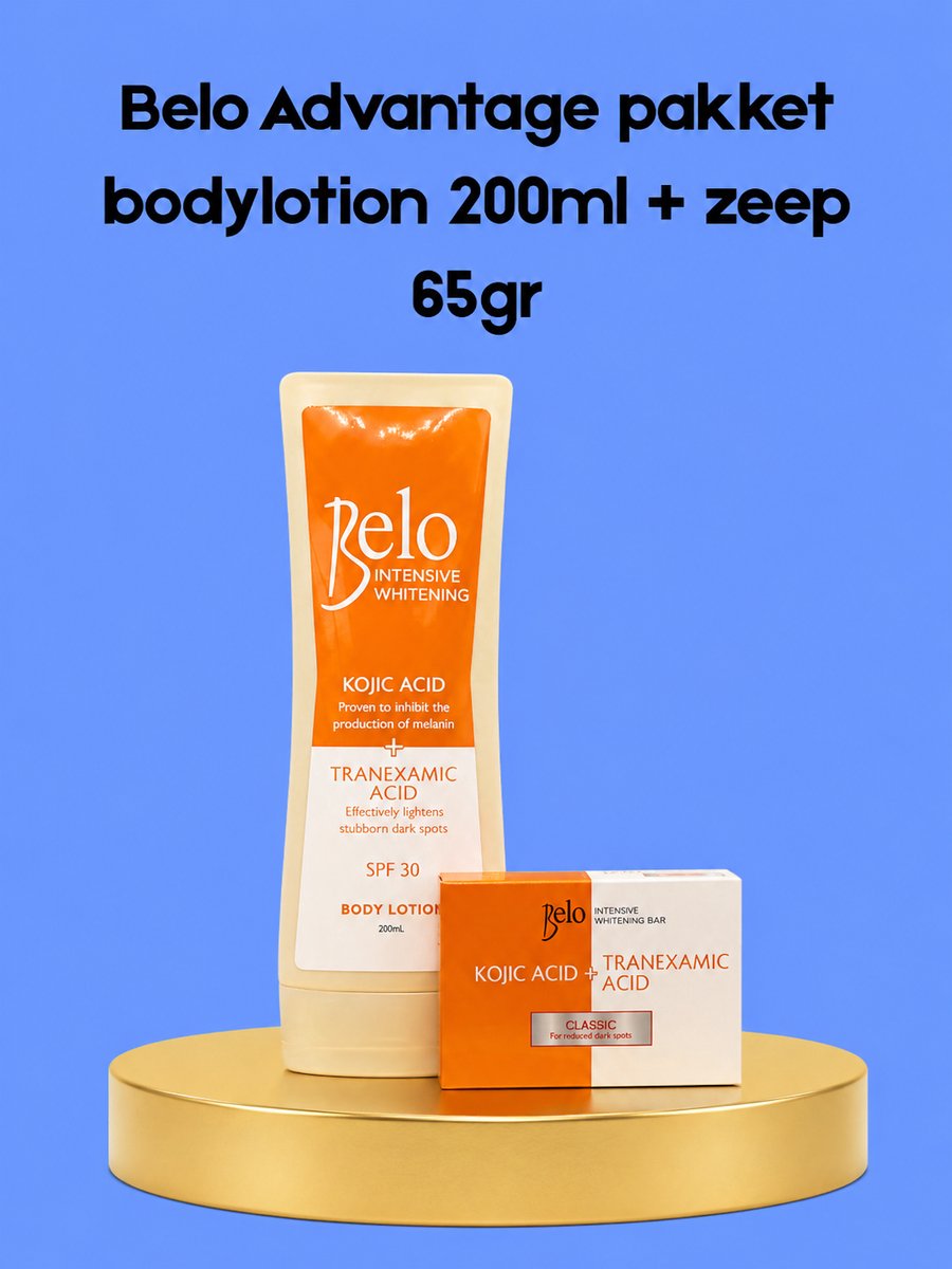 Belo Voordeelpakket – Bodylotion 200 ml + Zeep 65 g – Verhelderende & Hydraterende Set – Verminderde Donkere Vlekken, Egaliseert de Huidtint & Hydrateert Intensief – Voor een Gladde, Stralende & Gezonde Huid