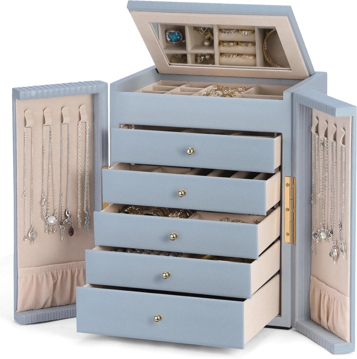 Grote Juwelendoos - Sieradenopslag - Sieraden Opbergen - Dubbele Deuren - 6 Lagen - Blauw