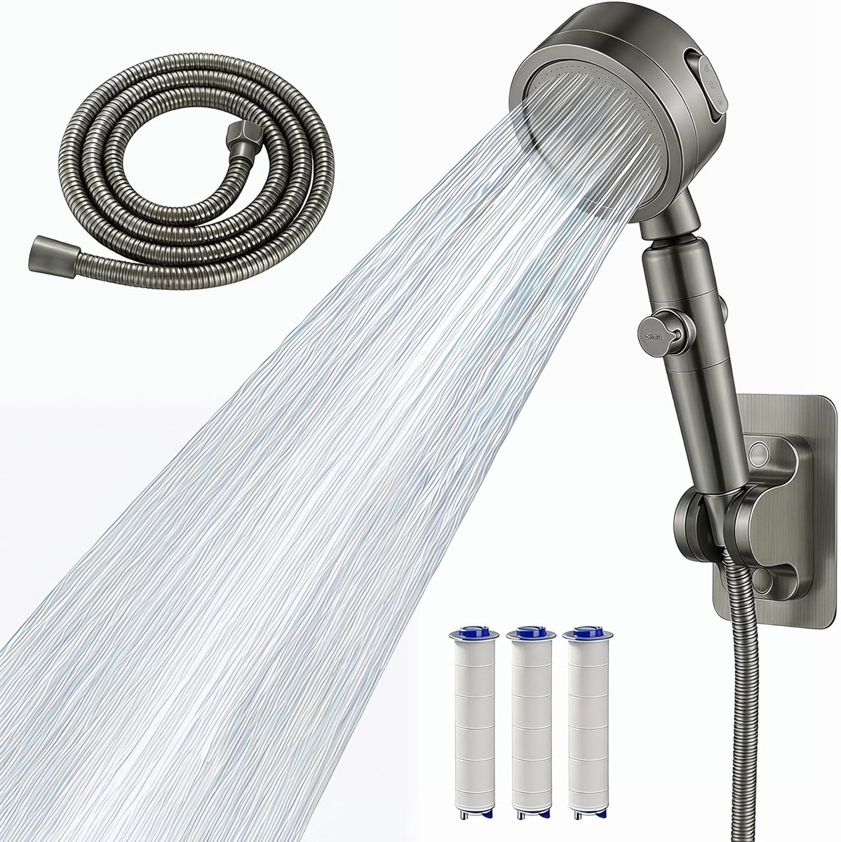 SnelShoppen - Duschkopf met 1.5M Slang, Handdouche met 3 Stralen, Waterbesparend en Stoppfunctie, Duschbrause met 3 Filters en Houder, Instelbare Wate