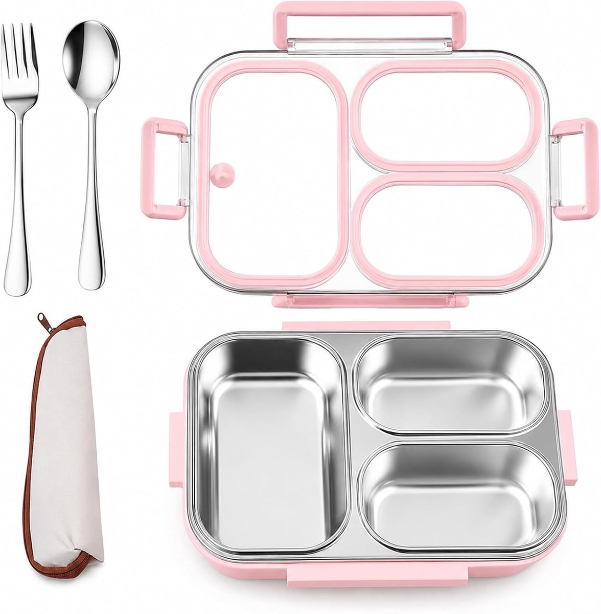 SnelShoppen - Bento Box Lunchbox RVS met 3 Fächern, Uitlaufsicher en Geschikt voor de Magnetron, Brotdose voor Kinderen en Volwassenen voor School, Ka