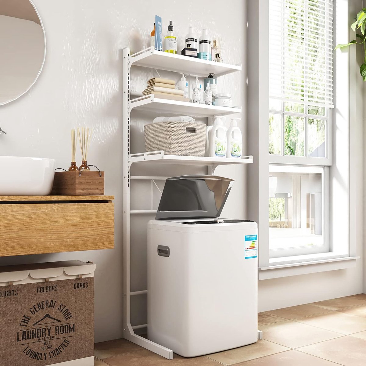 SnelShoppen - ABCOOL Over-The-Toilet Wasmachine Organizer Verstelbaar Opbergrek voor Badkamer en Wasruimte met Hoogte Verstelbare Lade en Ruimtebespar
