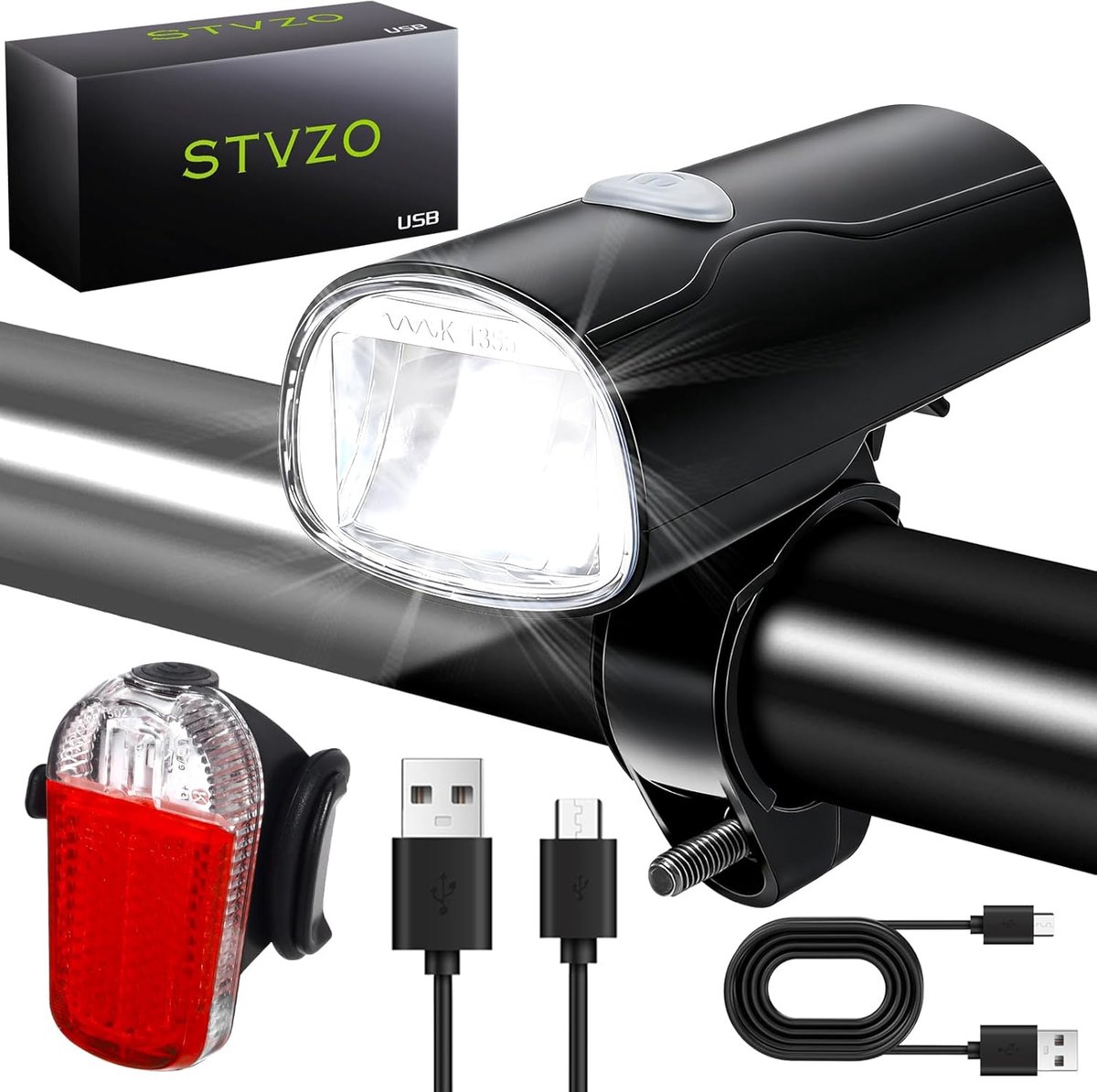 SnelShoppen - Fietslampenset, StVZO-goedgekeurd, voor- en achterlicht, IPX5 waterdicht, LED fietsverlichting, USB type C oplaadbaar, oplaadbare fietsl