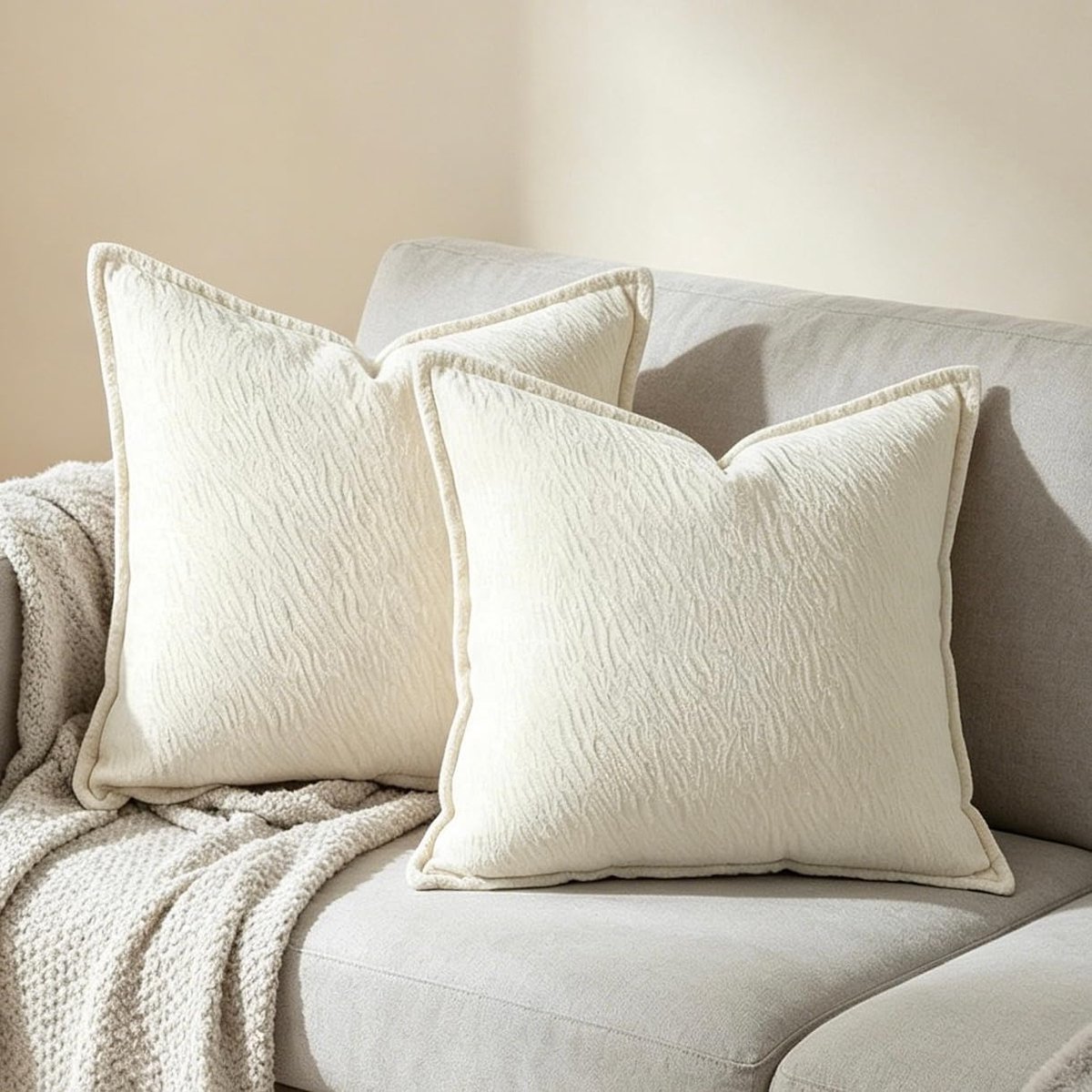 SnelShoppen - Decoratieve kussensloop set van 2, 40 x 40 cm, beige, zachte chenille, moderne kussenhoezen, vierkante sierkussens voor bank en interieu