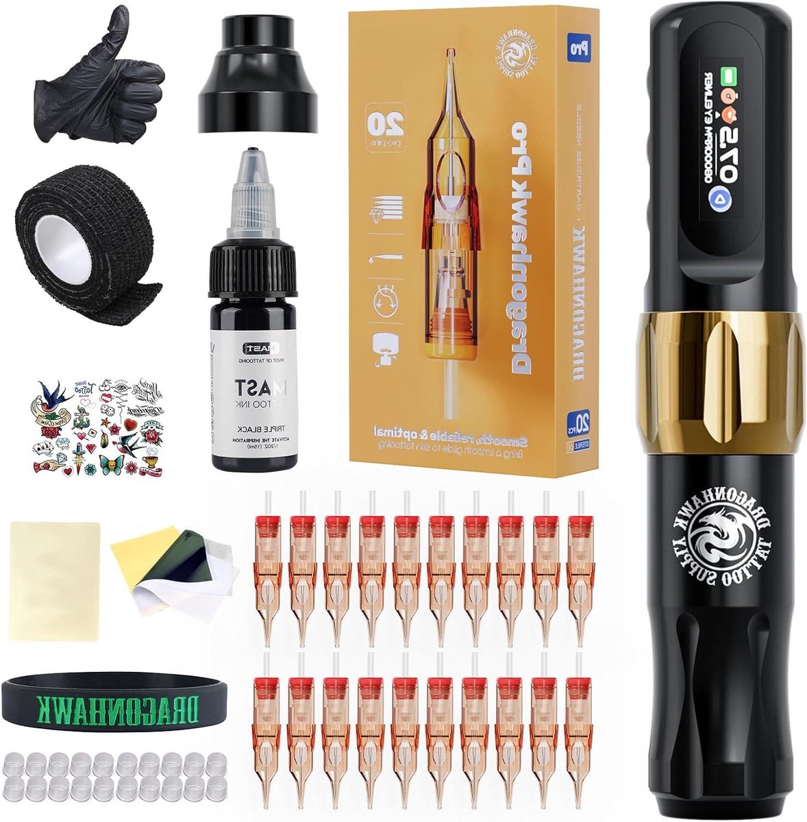 Draadloze Tattoo Pen - Roterende Gun - Professioneel Gebruik - Ultra Stil Ontwerp - 20 Delige Set - Zwart