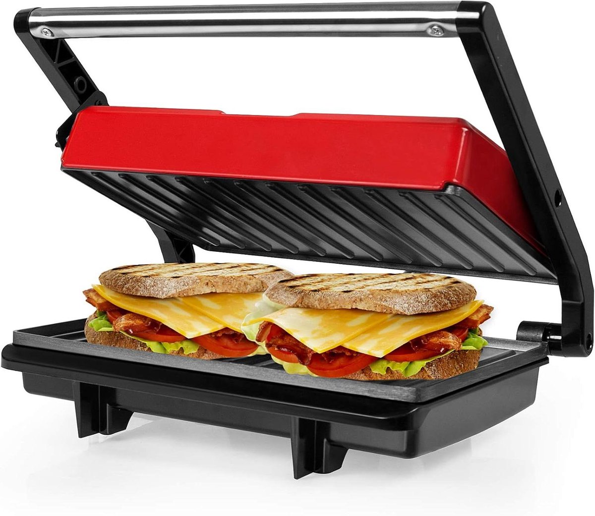 Elektrische Grill Sandwichapparaat Panini Broodjes Grillen Anti-aanbak Platen 23 x 14.5 cm Rood