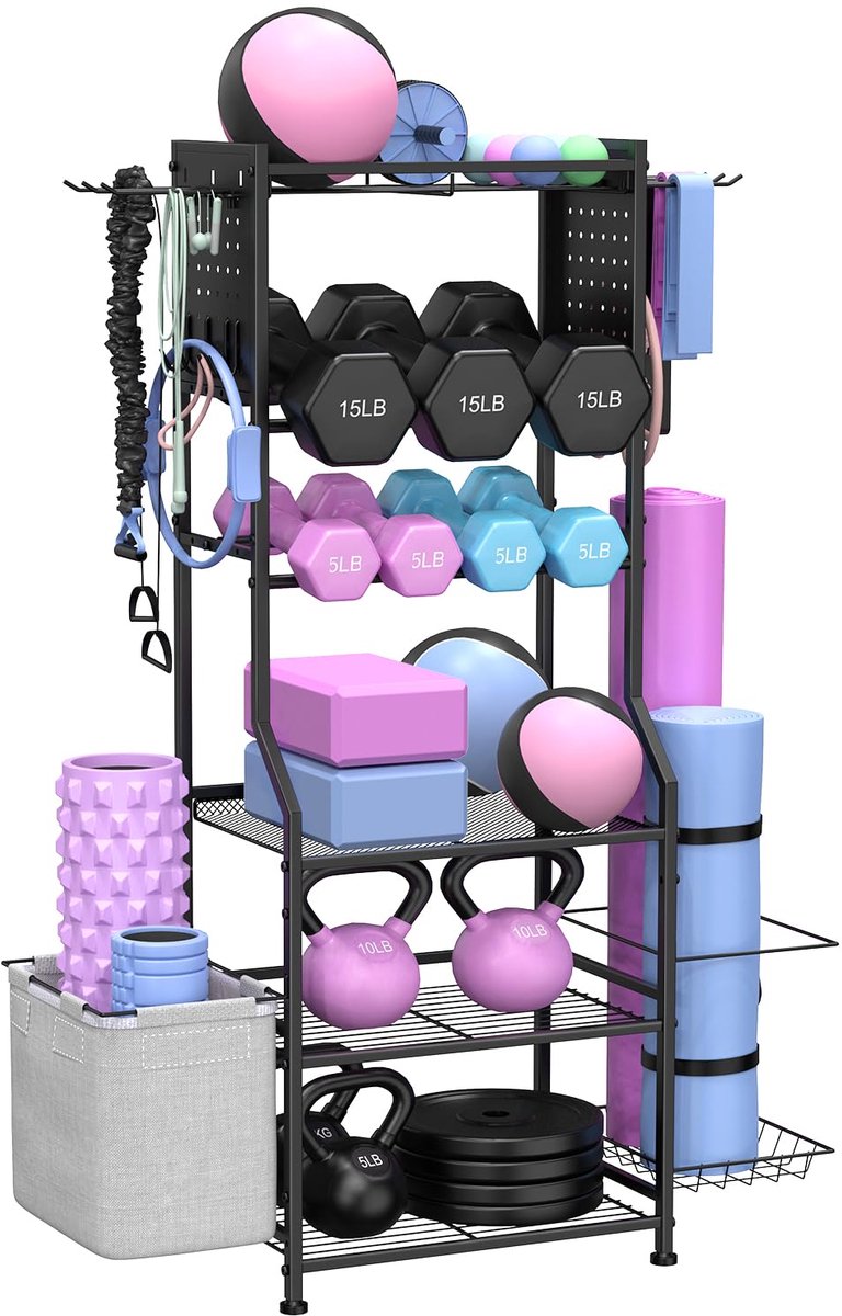 SnelShoppen - Halterrek Thuis Gym Opslag voor Halters, Kettlebells, Yoga Mat en Krachttraining Apparaten - Gewichtrek met Peg Board Organizer - Zwart