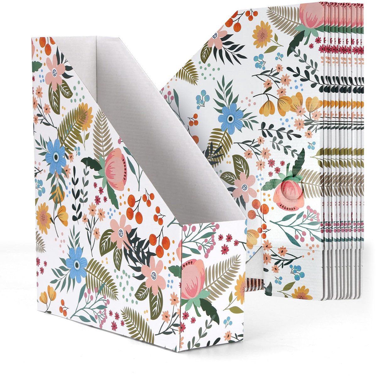 SnelShoppen - Set van 12 kartonnen tijdschriftenhouders met bloemenontwerp, opvouwbare document organizer voor bureau en planken, kleurrijke opslagopl